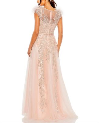 High Neckline Feather Detail Beaded Gown