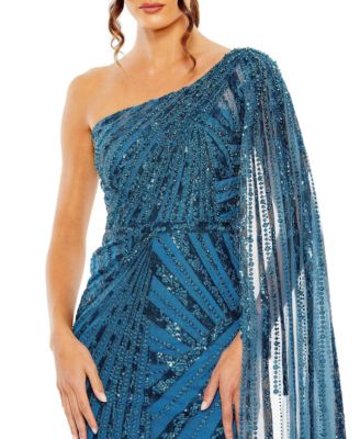 One Shoulder Cape Sleeve Embellished Gown