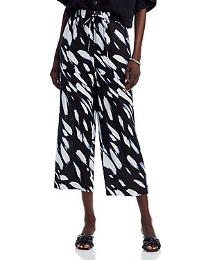 Shop Dkny Printed Linen Pull On Pants In Black/wave