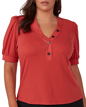 Estelle Plus Sublime Ribbed Henley Top In Pink