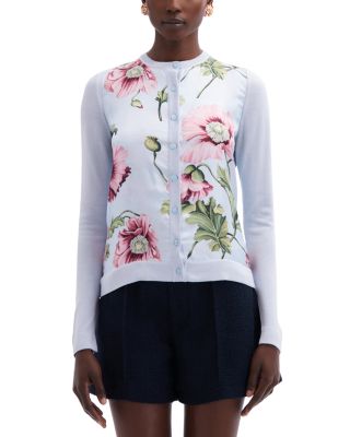 Oscar de la Renta - Silk Inset Poppy Print Cardigan Sweater