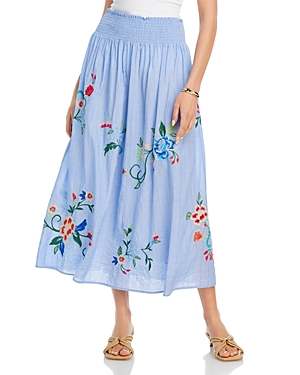 Shop Johnny Was Smocked Maxi Floral Skirt In Light Denim Blue