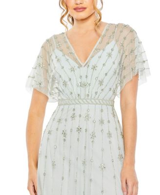 V Neck Embellished Flutter Sleeve A Line Gown