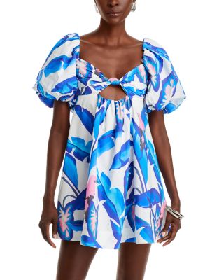 FARM Rio - Blue Foliage Puffed Sleeve Mini Dress