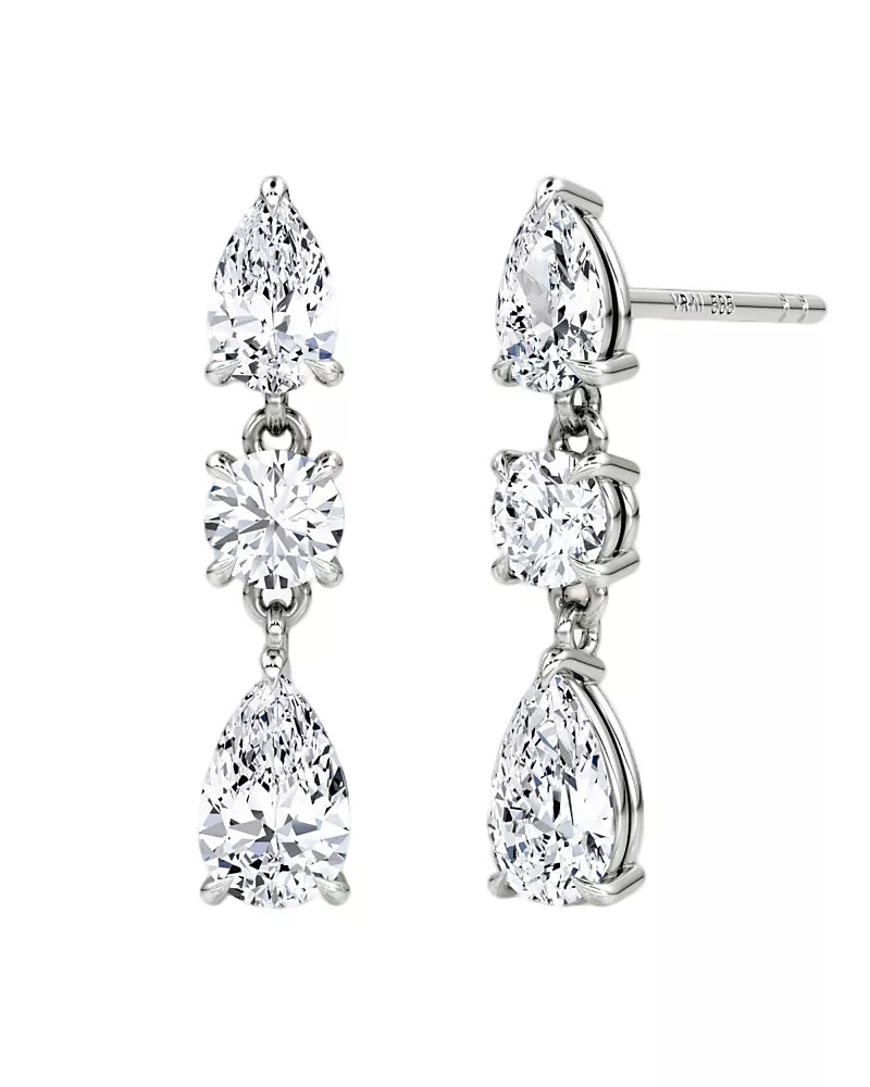 Vrai Three Stone Drop Earrings in 14K White Gold, 2.0ctw Round Brilliant & Pear Lab Grown Diamonds