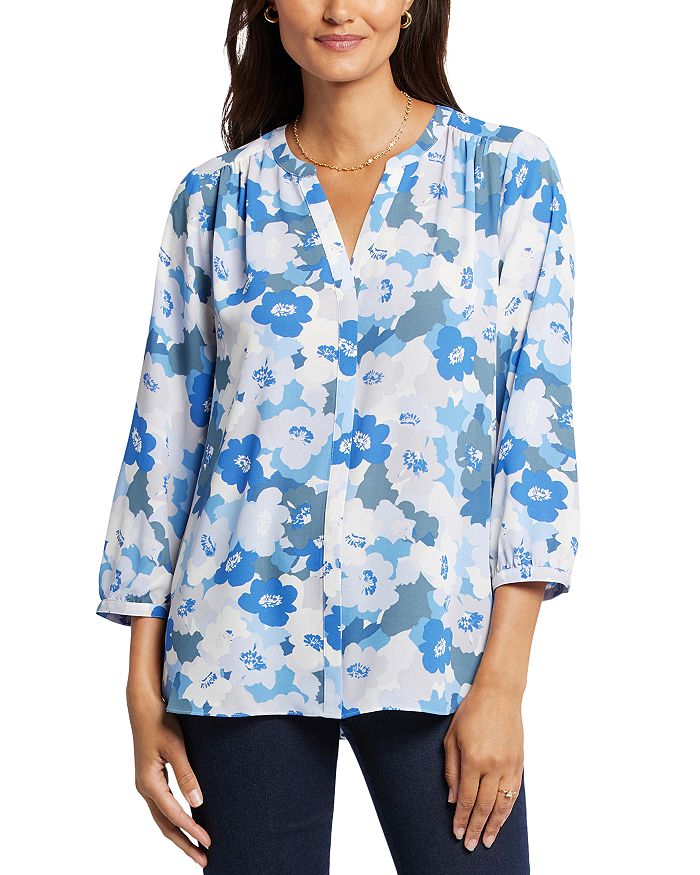 Shop Nydj Three Quarter Sleeve Printed Pintucked Back Blouse In Avalon Wash