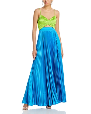 Shop Amur Silas Color Block Cutout Pleated Gown In Adonis Blue