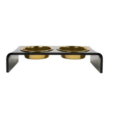 Small Smoke Grey Double Bowl Pet Feeder, 1 Pint Bowls