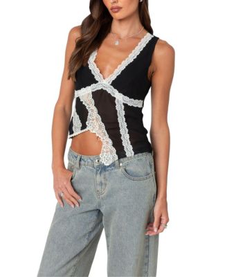 Chiffon & Lace Sheer Asymmetric Top