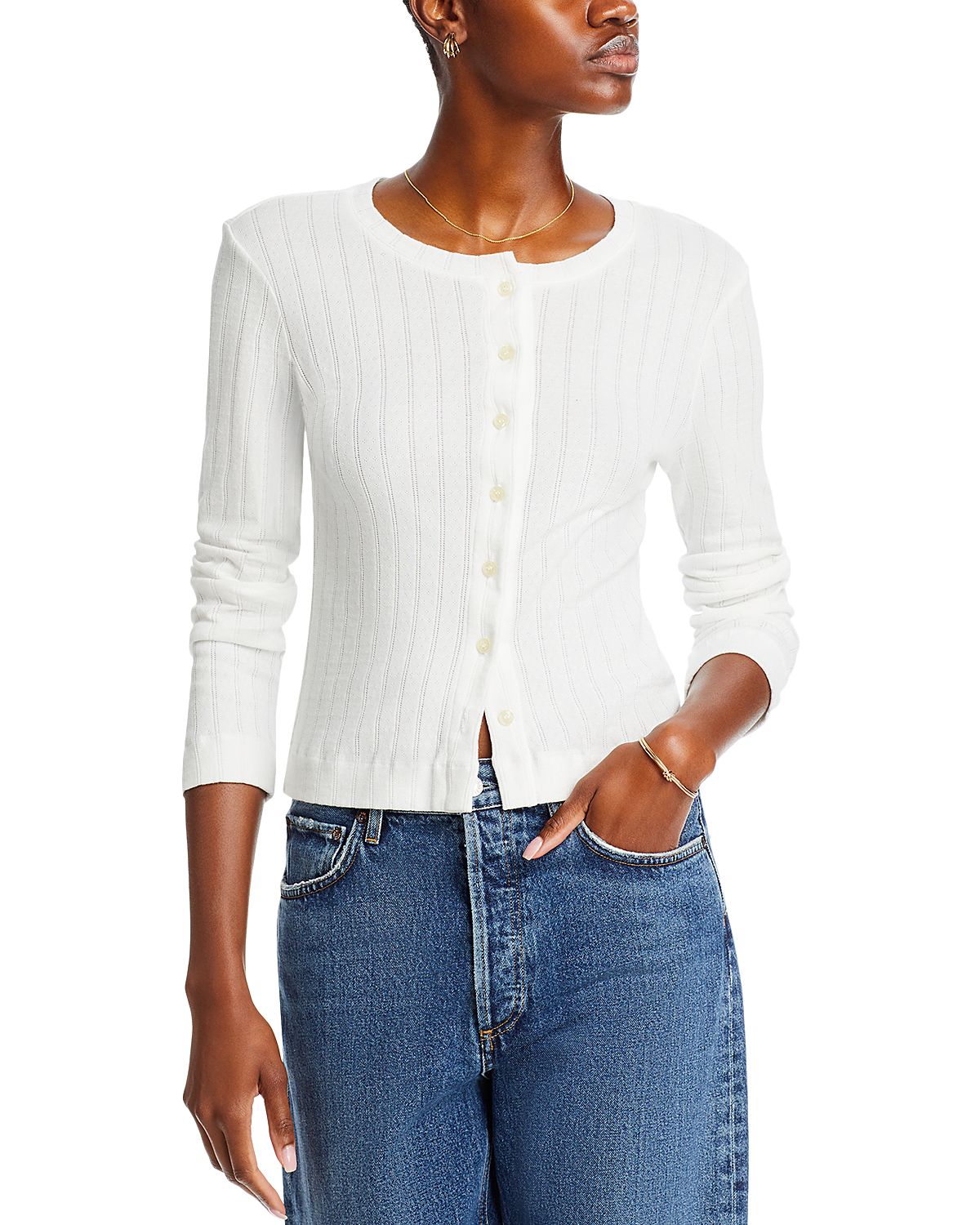 Leset Pointelle Crewneck Cardigan