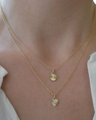 14K Yellow Gold Fluted Disc Pendant Necklace with Diamonds, 0.04 tcw