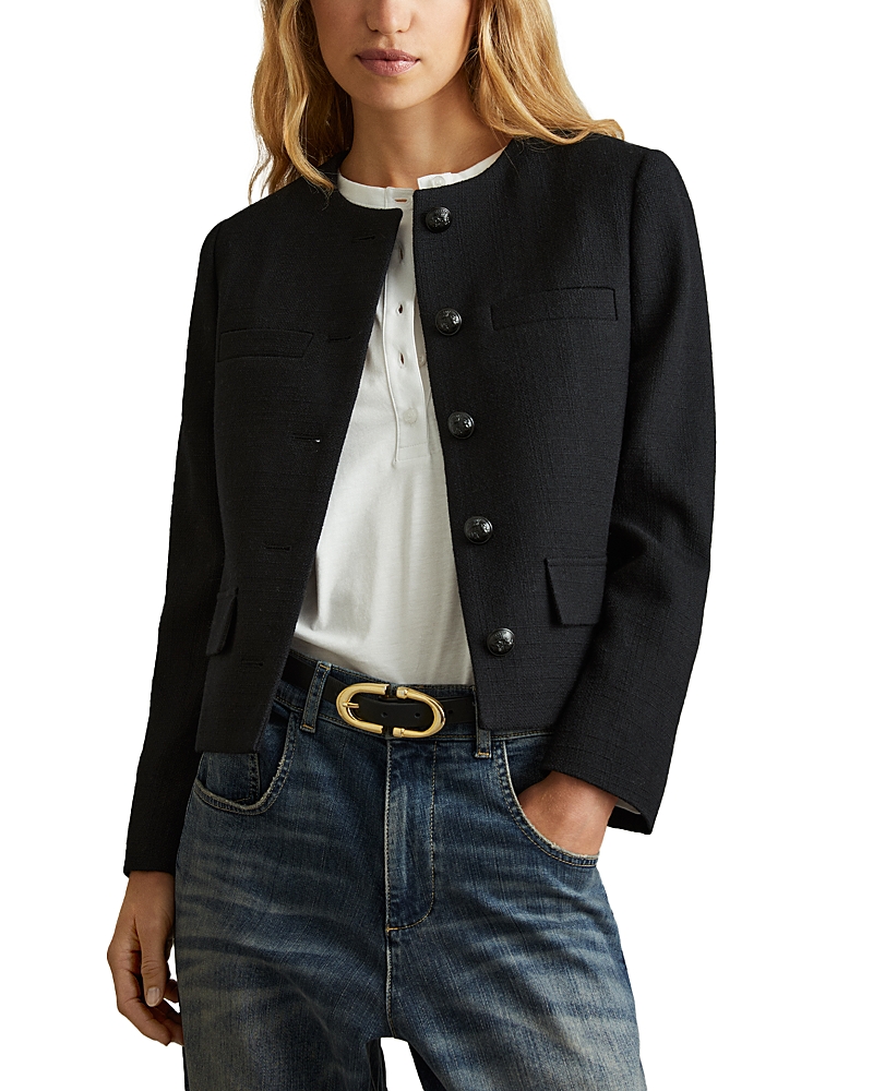 Reiss Black Cropped Wool Single Breasted Jacket In Black