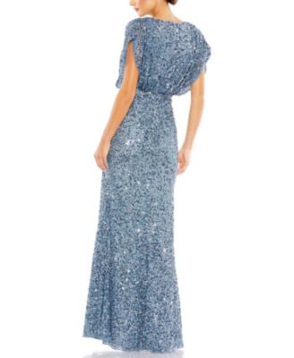 Draped Sleeves Ruched Waist Detail V-Neck Gown