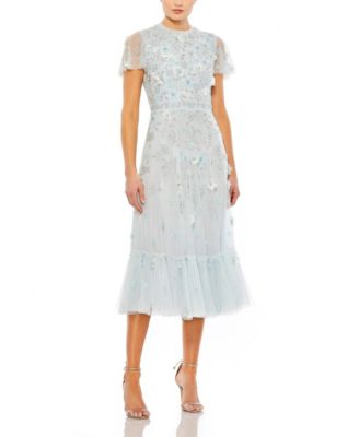 Embellished High Neck Floral Applique with Beaded Detail A Line Dress