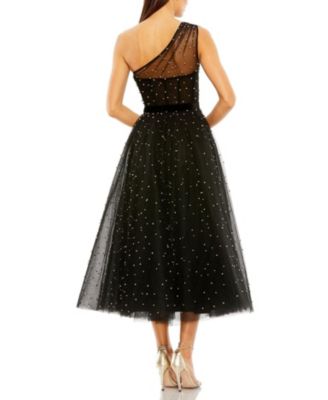 One Shoulder Pearl Embellished Midi Ballgown