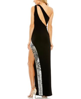 One Shoulder Cut Out Deatil Mirror Sequin High Slit Gown