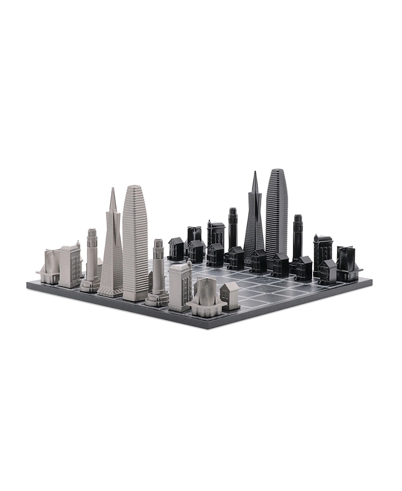 SKYLINE CHESS - CHESS SET STAINLESS STEEL SAN FRANCISCO WITH WOOD MAP BOARD, AGES 14+