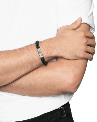 Men's Sterling Silver Chevron Diamond Wide Woven Black Rubber Bracelet