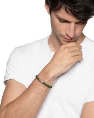 Men's Sterling Silver Chevron Woven Green Rubber Bracelet