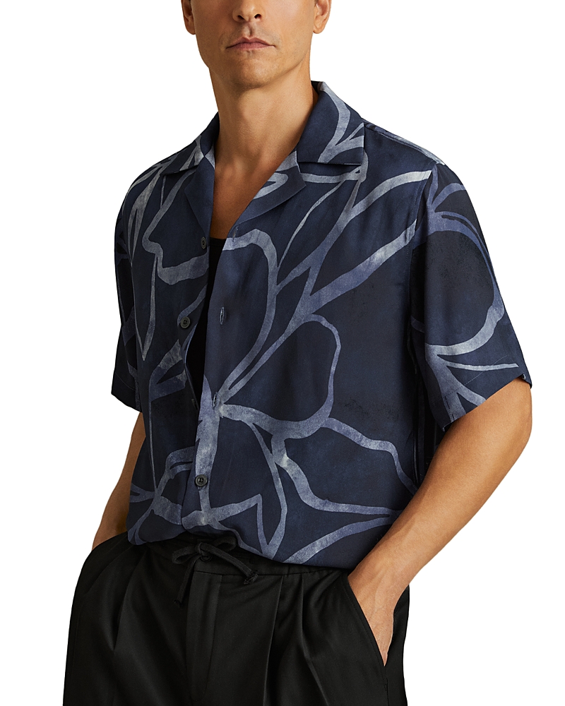 Reiss Indigo Blue Relaxed Printed Cuban Collar Shirt In Indigo Blue
