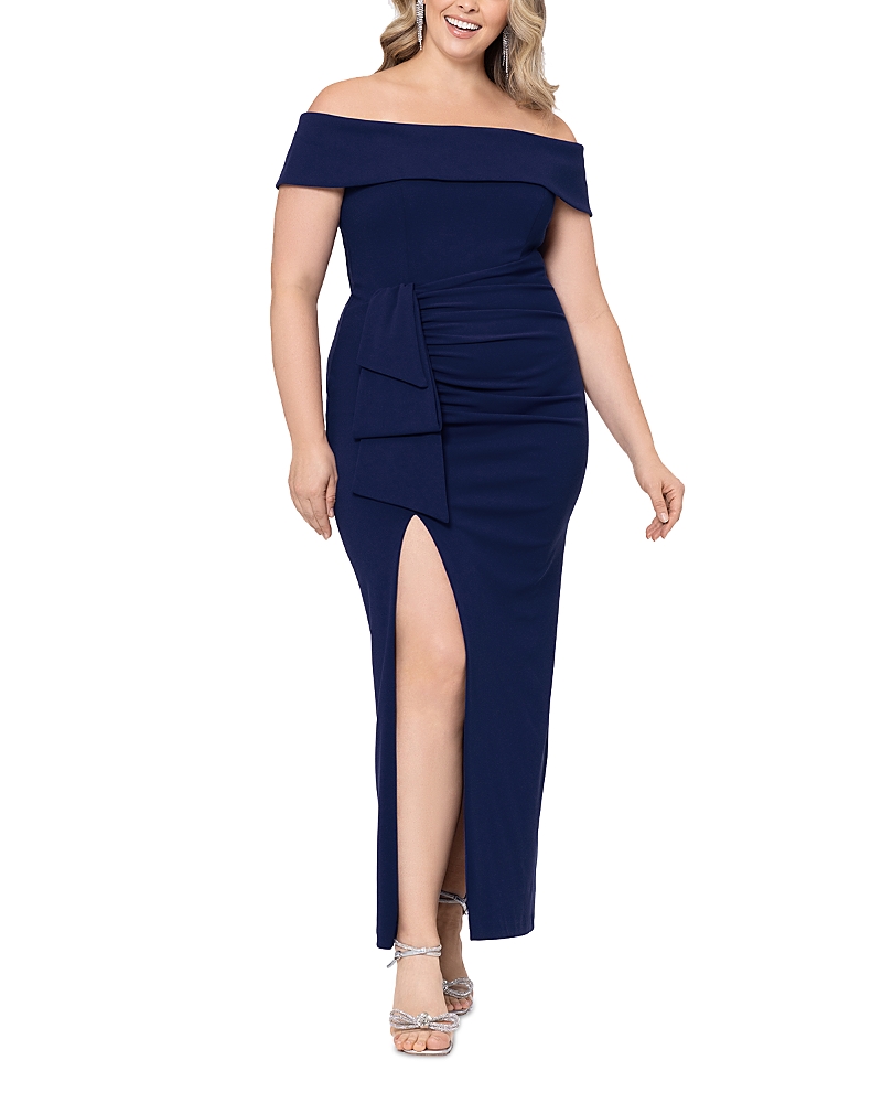 Xscape Off-the-shoulder Ruched Scuba Crepe Gown In Navy