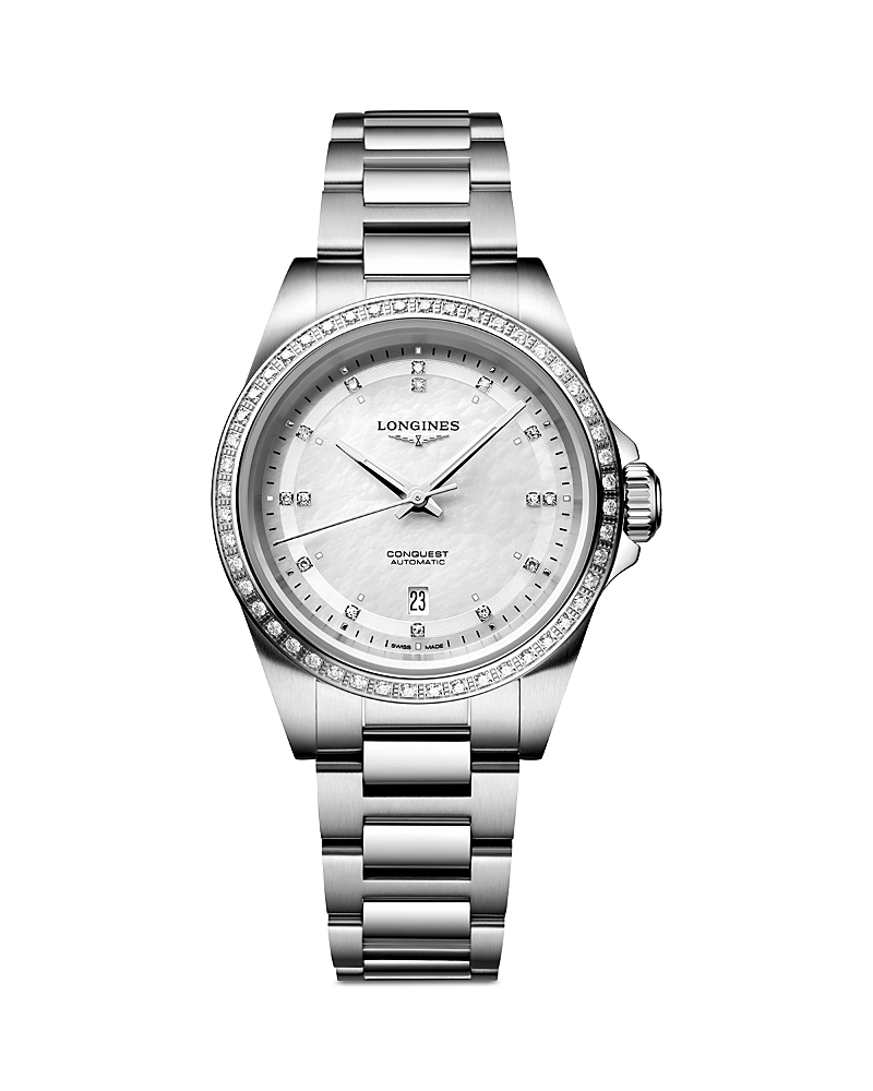 Longines Conquest White Mother Of Pearl Watch, 30mm In White/silver