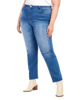 Plus Size High Rise Raw Hem Straight Jeans in Denim 
