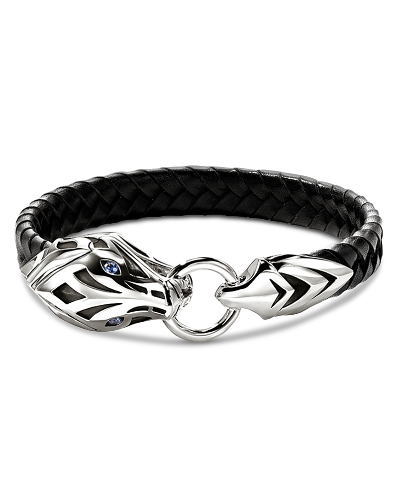 John Hardy Naga Bracelet, Leather, Sterling Silver, Blue Sapphire, 10mm In Black/silver