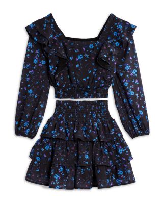 AQUA - Girls' Long Sleeve Ruffle Cropped Top & Smocked Ruffle Mini Skirt Set, Little Kid, Big Kid - Exclusive