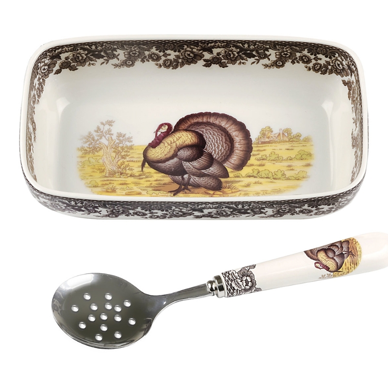 Spode Woodland Turkey Cranberry Dish With Slotted Spoon In Brown