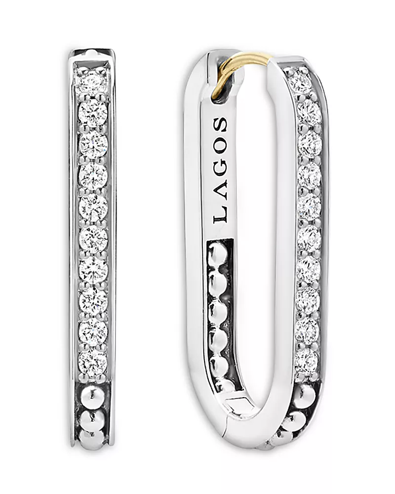 Lagos 14K Yellow Gold & Sterling Silver Caviar Spark Diamond Small Oval Hoop Earrings