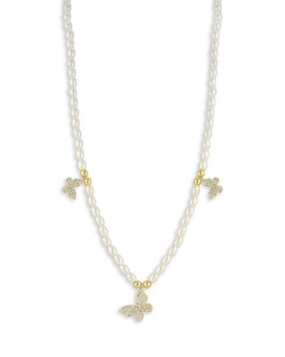 AQUA - Cubic Zirconia & Cultured Freshwater Pearl Triple Butterfly Charm Necklace, 17.5-19.5"  - Exclusive