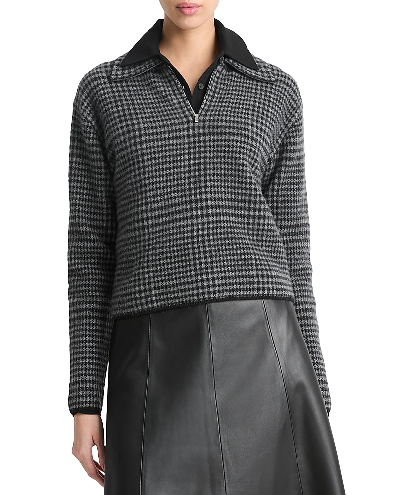 Vince Wool And Cashmere Plaid Half-zip Sweater In Smoke/black
