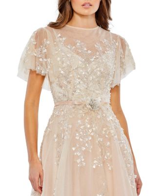 Embellished Flutter Sleeve Bow Waist A Line Dress