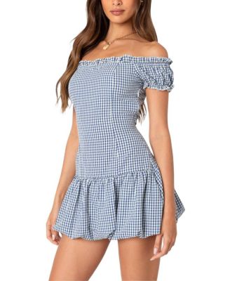 Gingham Off Shoulder Bubble Mini Dress