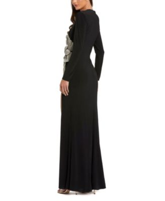 Thigh High Slit Embellished Flower Detail Jersey Gown