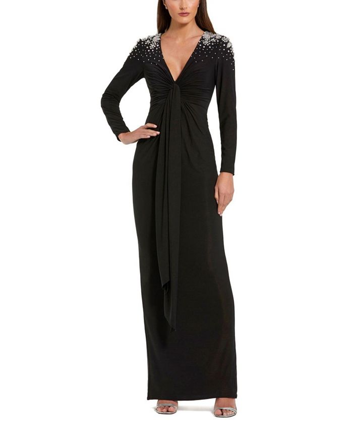 Mac Duggal Jersey V Neck Faux Knot Beaded Shoulders Detail Gown ...
