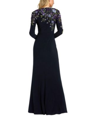 Floral Embroidery Embellished Detail Long Sleeve Fitted Jersey Gown