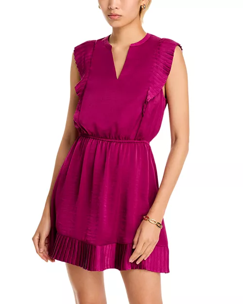 verona pleated split neck mini dress