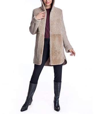 Hooded Shearling Coat with Knit Trim