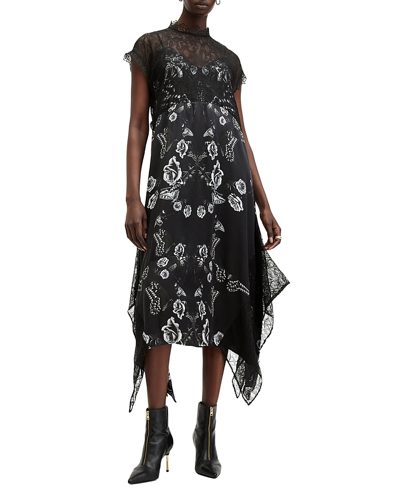 Allsaints Gian Lace Trim Asymmetric Maxi Dress In Monica Black