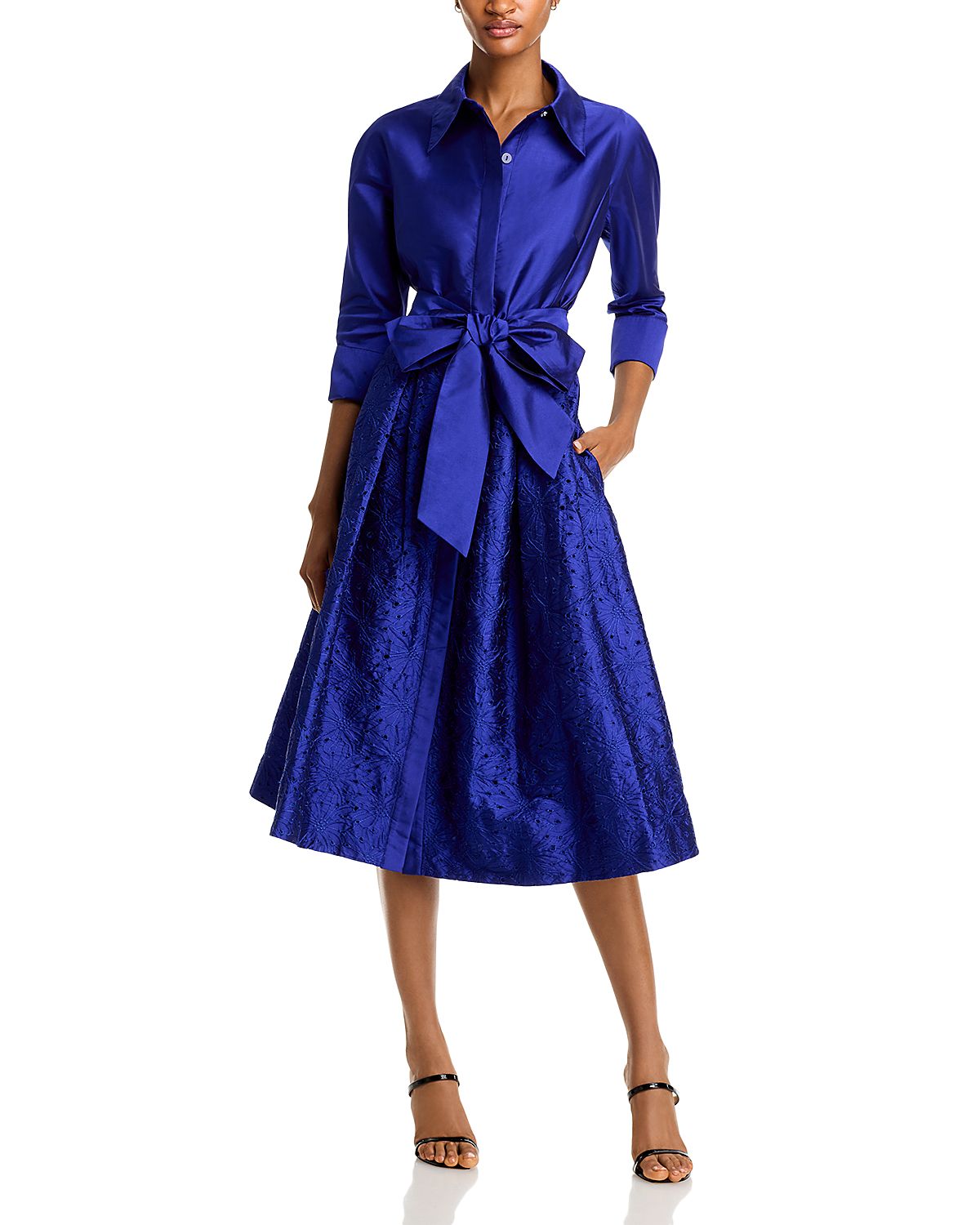 Teri Jon by Rickie Freeman Embroidered Sash Belt Shirt Dress