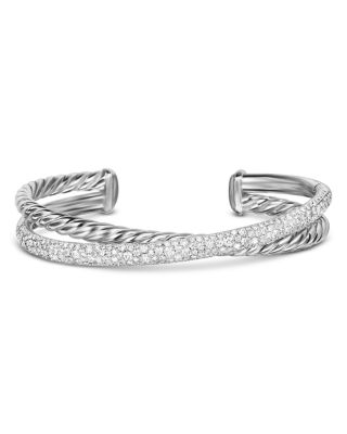 Crossover Two Row Cuff Bracelet in Sterling Silver with Diamonds, 11mm