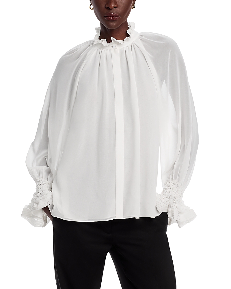 Kobi Halperin Effie Shirred Ruffle Neck Chiffon Top In Ivory