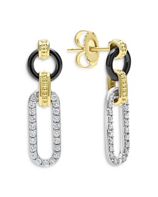 18K Gold Signature Caviar Diamond & Black Ceramic Link Drop Earrings