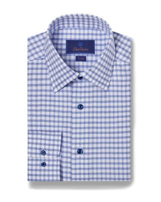 David Donahue - Cotton Herringbone Check Trim Fit Dress Shirt