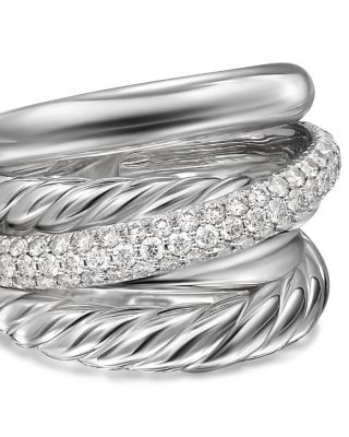 Crossover Five Row Ring in Sterling Silver with Diamonds, 17.5mm
