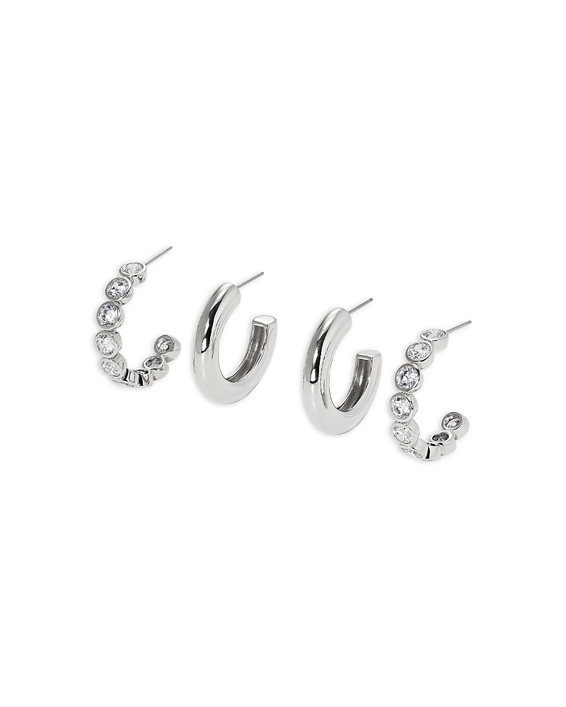 NADRI POLISHED CUBIC ZIRCONIA BEZEL SMALL HOOP EARRINGS, SET OF 2