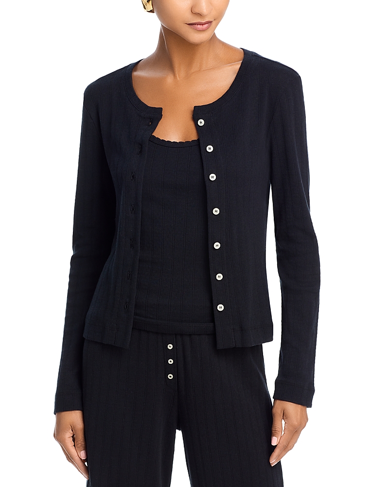 Leset Pointelle Classic Crew Cardigan In Black