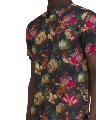 Gold Finch Floral Pattern Short Sleeve Button Down Shirt